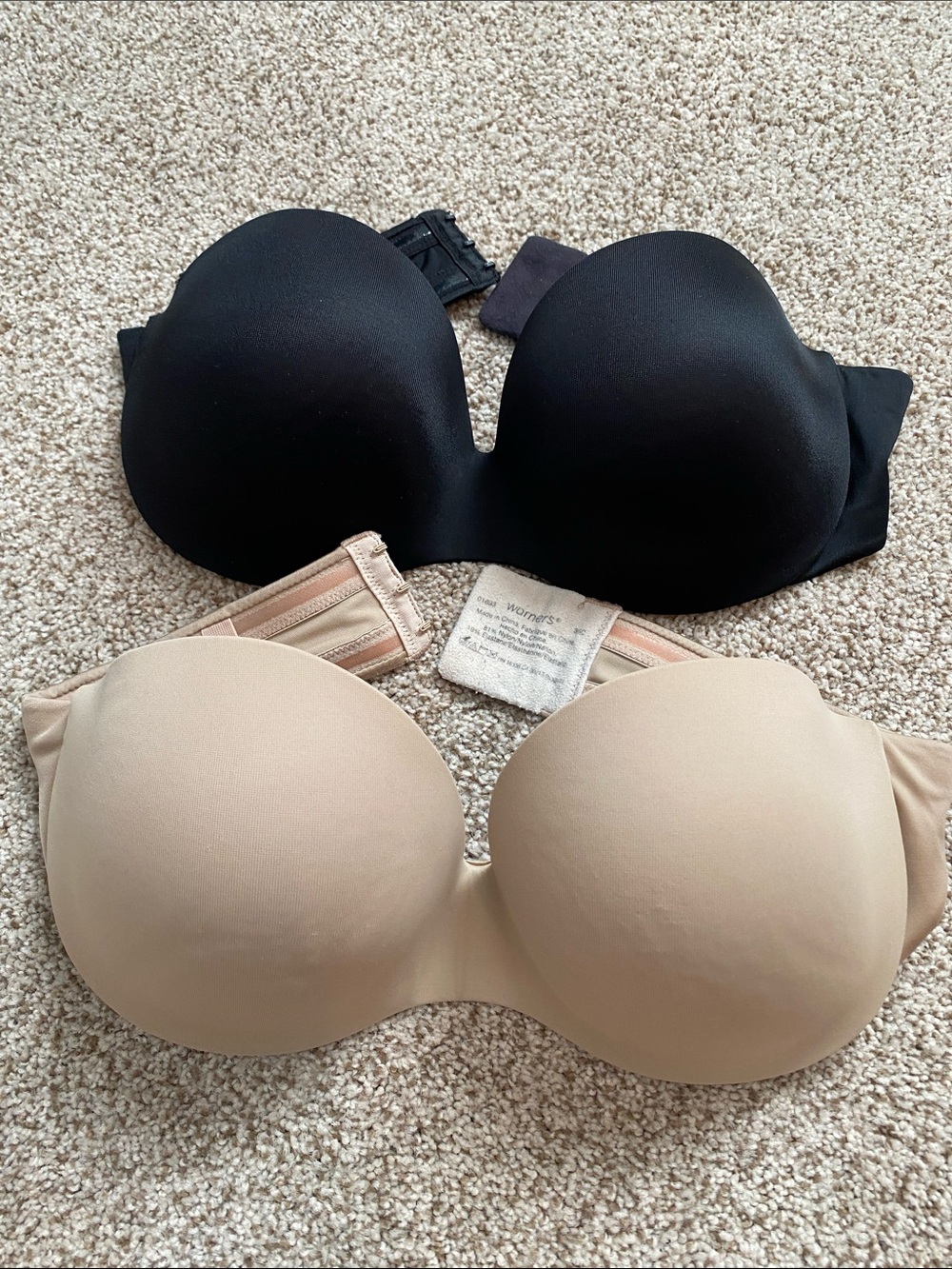 Warner's Strapless Nude and Black Seamless Molded Bras